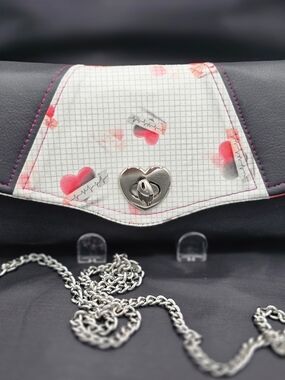 Heart-Print Crossbody Bag with Silver Heart Turn-Lock. Removable Chain Strap.